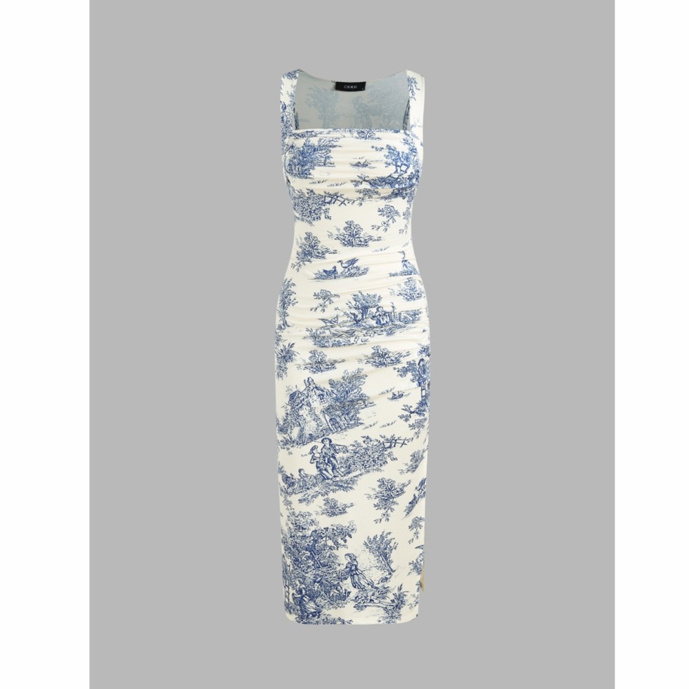 Toile de Jouy Ruched Split Maxi Dress
